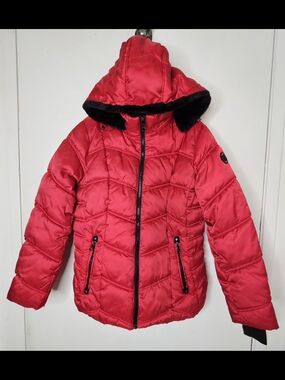 Nautica Women's XL Red Puffer Jacket | Faux Fur Hood | Water Resistant | Winter